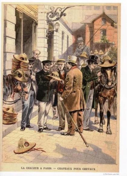 Lors des canicules de 1899 et 1901, la SPA distribua gratuitement des chapeaux pour les chevaux d'attelages (fiacres, omnibus, etc...) de la ville de Paris.