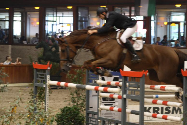 Jan Motmans (BEL) et le vaillant Desteny vh Dennehof (Andiamo x Burggraf): un bon cheval qui s'était classé 2ème dans l'épreuve 1M50 du vendredi soir, 8 ans seulement.